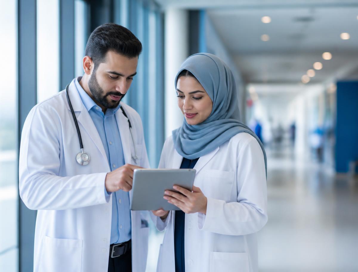 Burjeel clinicians reviewing case data together
